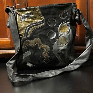 Black leather black suede and black patent Patchwork Shoulder Bag